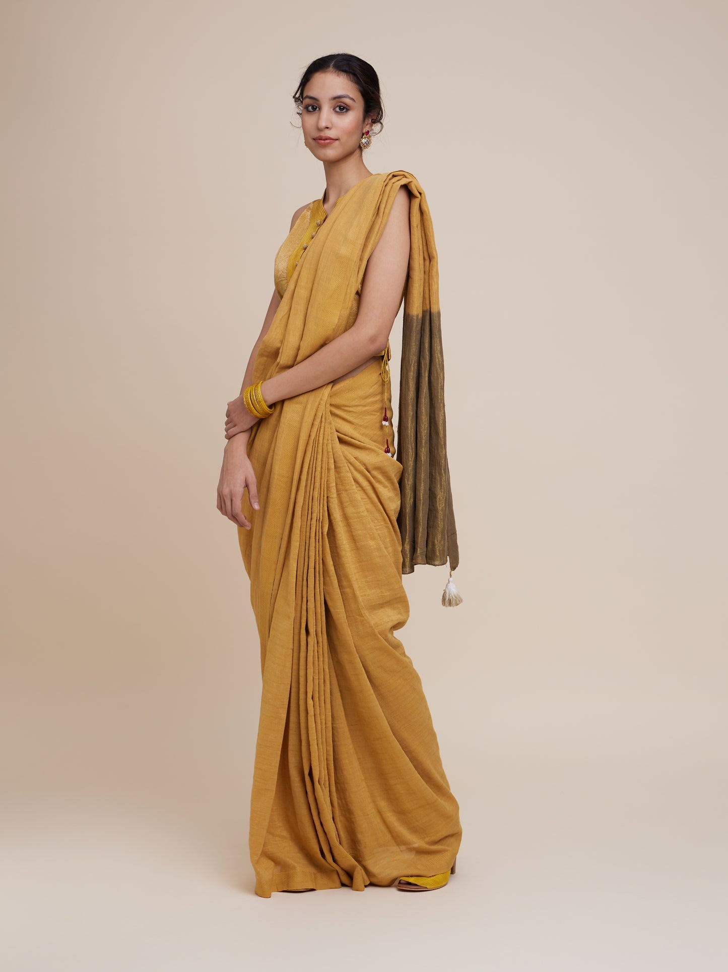Zari Saree in Marigold Olive