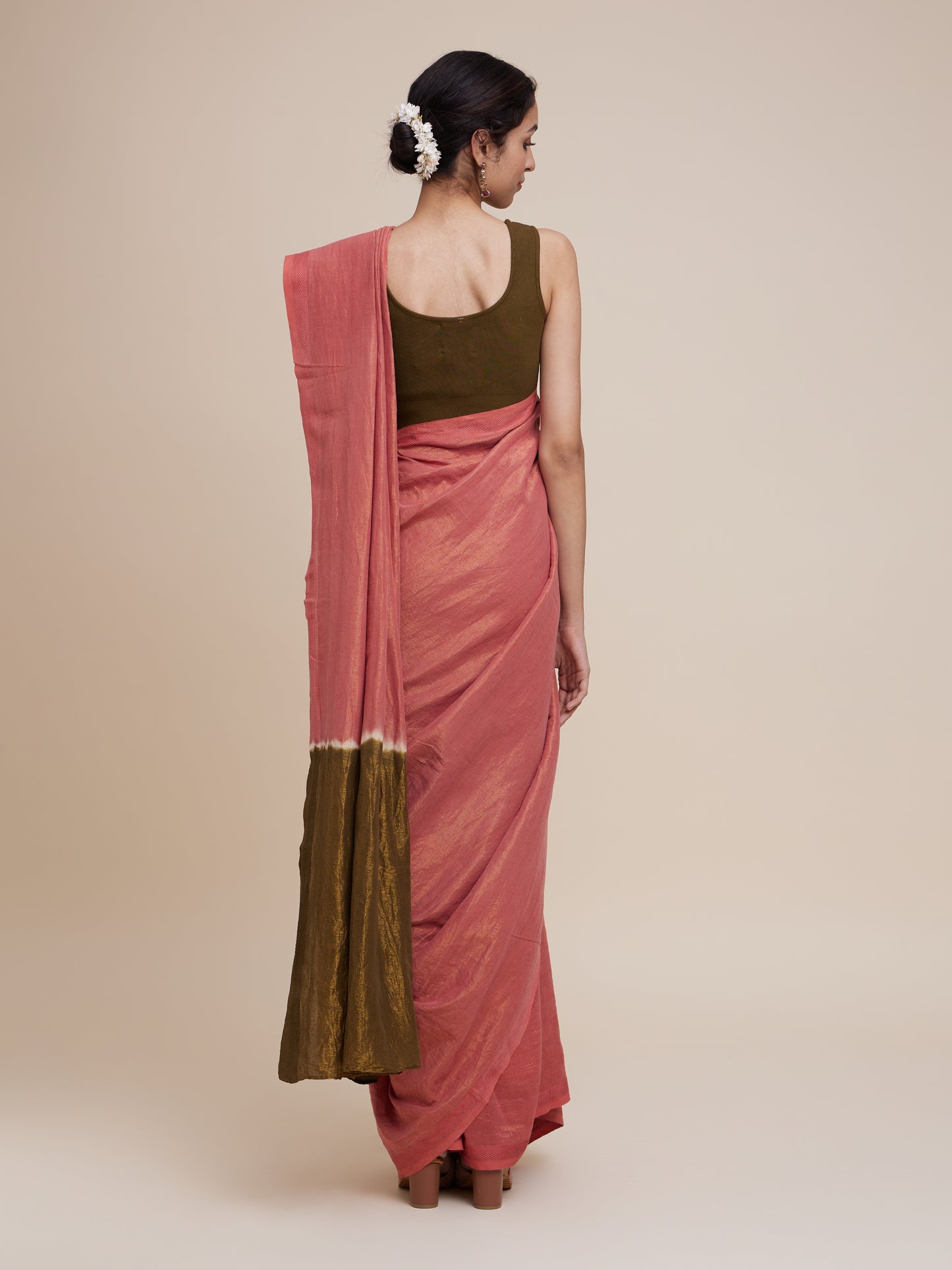 Zari Saree in Terracotta Olive