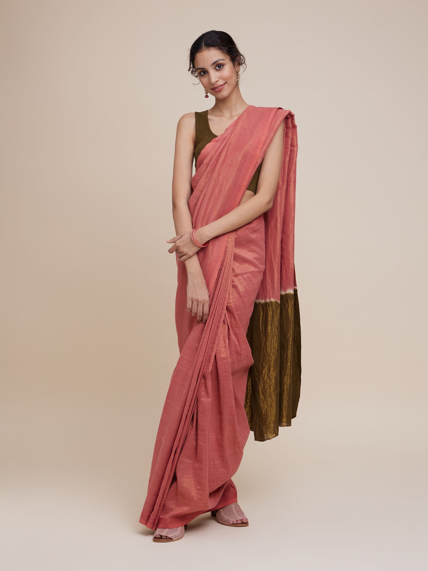 Zari Saree in Terracotta Olive