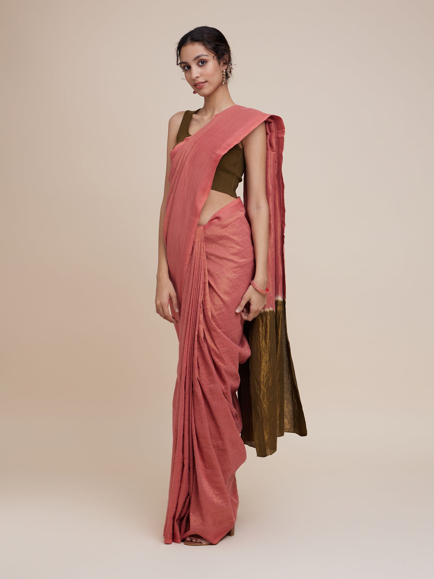 Zari Saree in Terracotta Olive