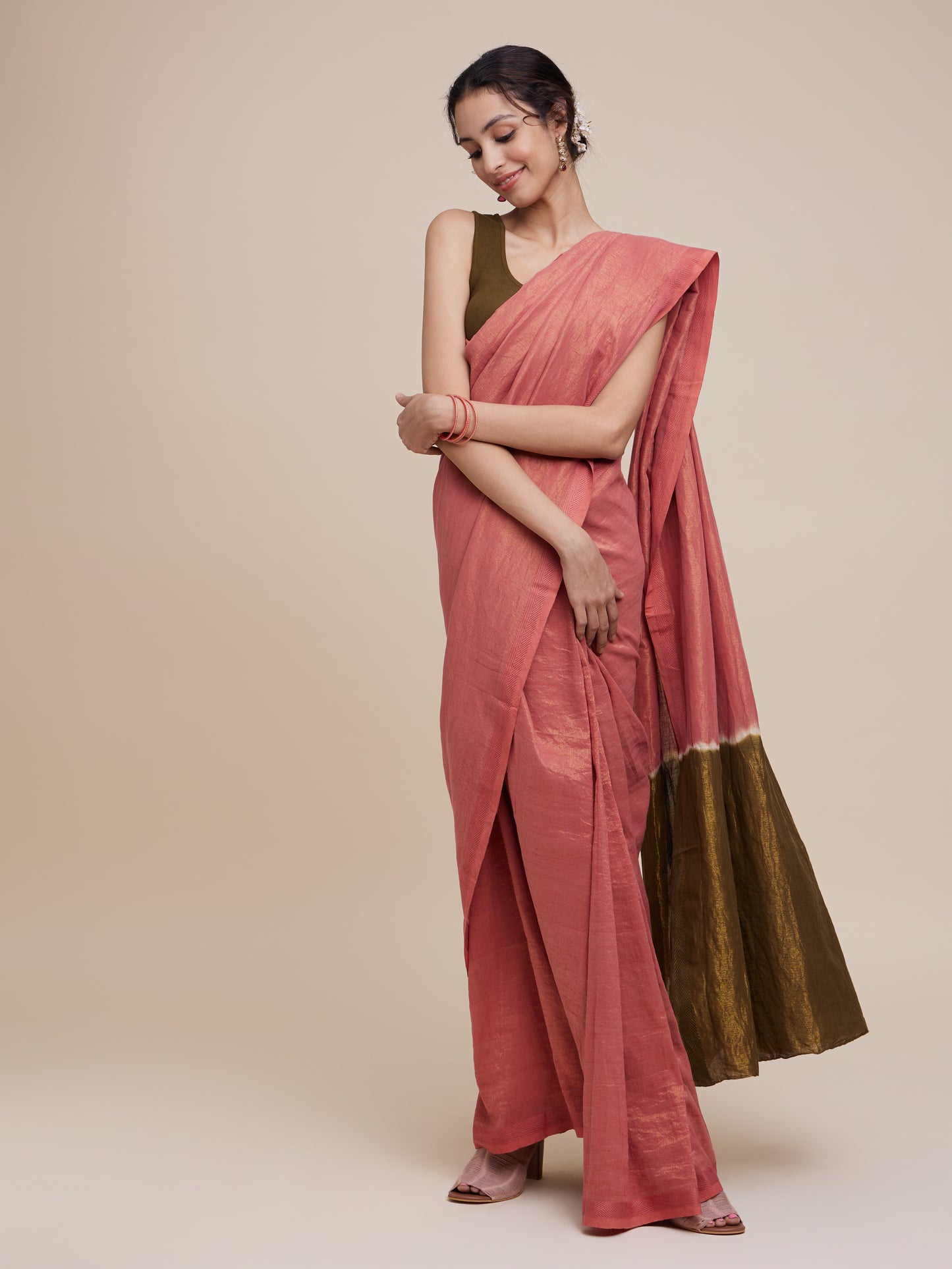 Zari Saree in Terracotta Olive