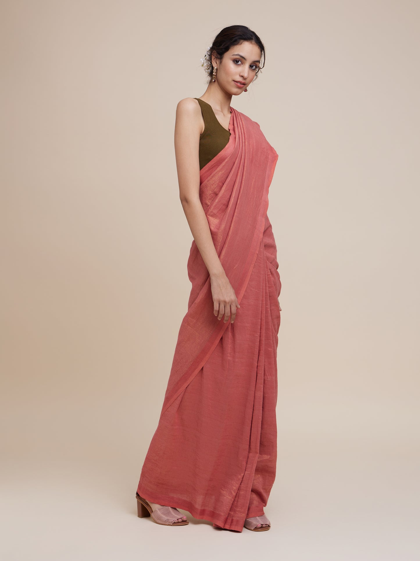 Zari Saree in Terracotta Olive