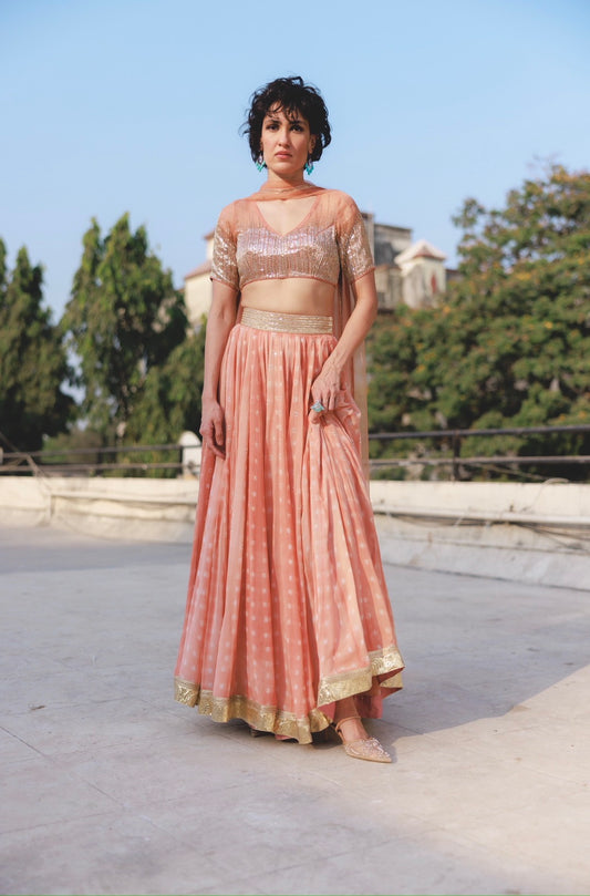 Navya Ghaghra set in Terracotta