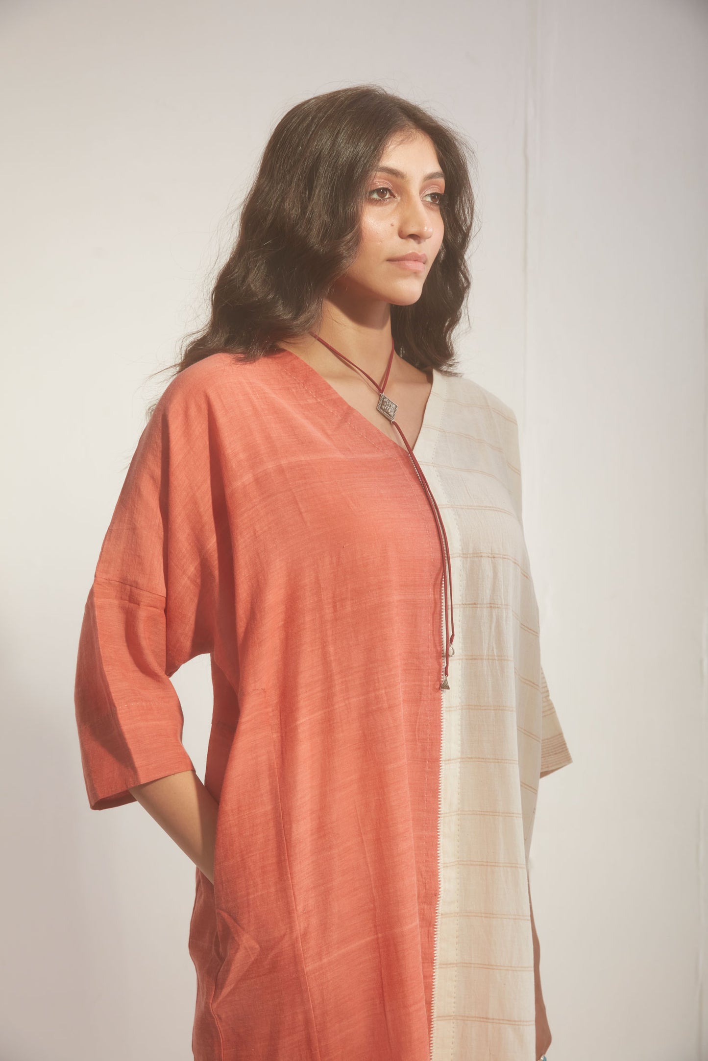 Modern Kaftan in Salt & Terracotta Silk