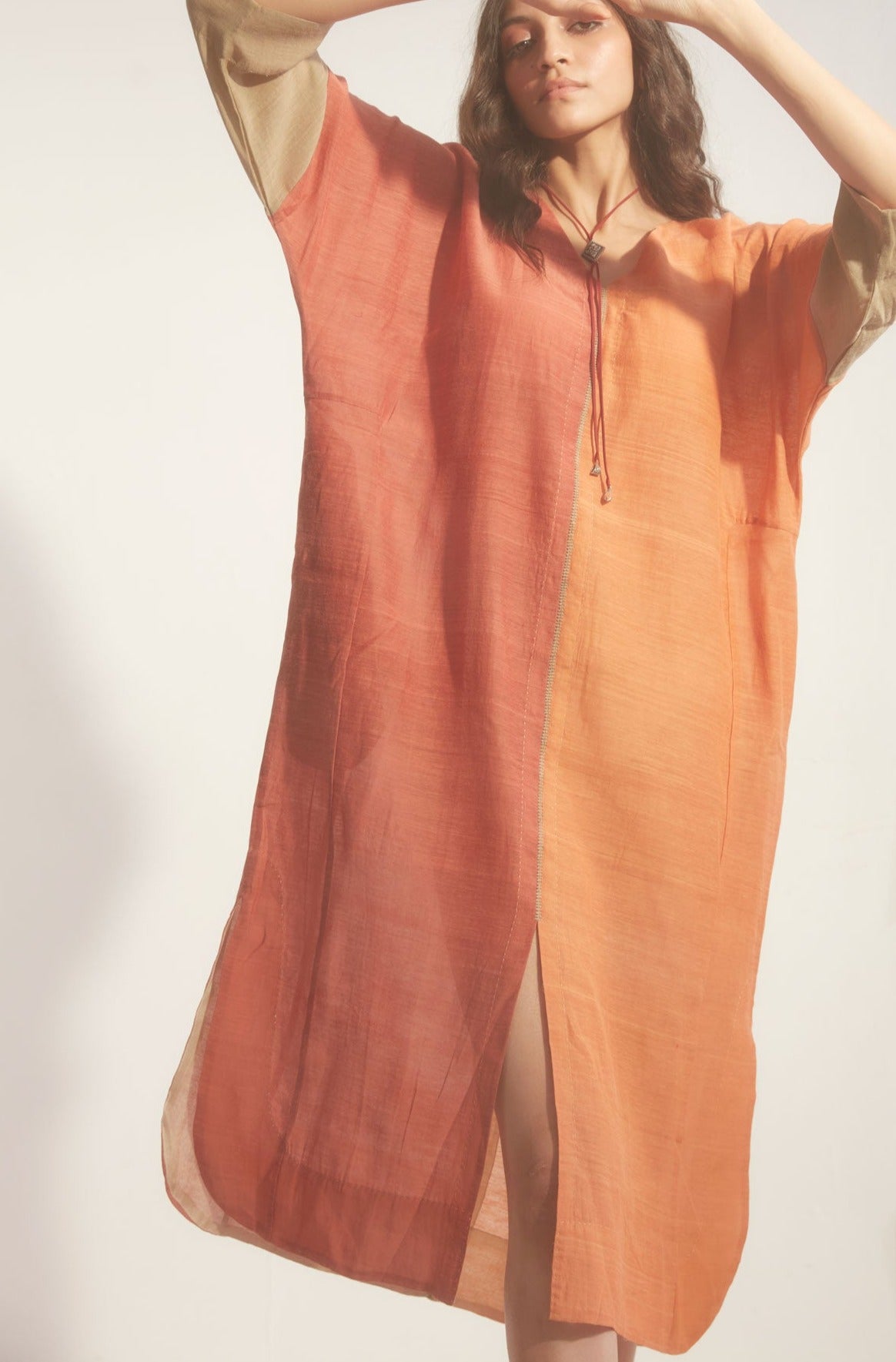 Modern Kaftan in Terracotta Silk